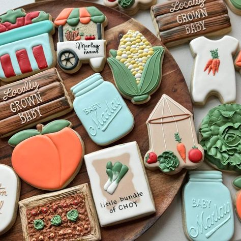 Farmers Market Decorated Cookies, Farm Baby Shower Cookies, Farmers Market Cookies, Locally Grown Baby Shower Cookies, Farmers Market Baby Shower Cake, Farm Animal Baby Shower Cookies, Baby Shower Farmers Market, Farm Baby Shower, Farm Baby