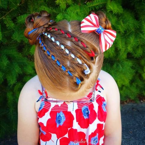 Fourth of July themed hair. Red, white, blue, hair. Four strand braid. Four strand ribbon braid. Buns. Braid combos. Cute kid hairstyles. Holiday hair. Braids for kids. Ginger. Redhead hairstyles. Red White And Blue Hairstyles, Braid Combos, Fourth Of July Hairstyles, Patriotic Hairstyles, 4th Of July Hairstyles, Karina Hair, Hairstyles Holiday, July Hairstyles, Braid Buns