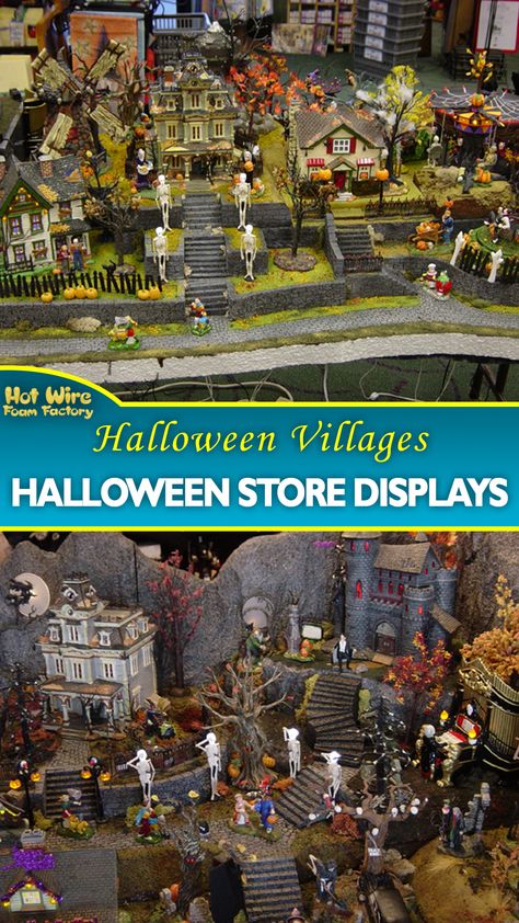 These intricate Halloween-themed Department 56 store displays were crafted by Roger J. Beauregard out of foam sheets. #halloweenvillage #villagedisplays #department56 #d56 #storedisplay Department 56 Halloween Display, Spookytown Display Ideas, Spooky Town Display Ideas Diy, Halloween Village Ideas, Halloween Village Display Ideas, Spooky Town Village Display, Lemax Spooky Town Display, Department 56 Displays, Halloween Store Display