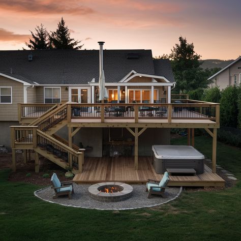 20 Two-Level Deck Ideas: Inspiration for Your Outdoor Space » Comfy Ideas 2 Story Deck Ideas, Large Deck Ideas Layout, Back Porch Deck Ideas, Under Deck Dog Area, Deck Multi Level, Two Tier Deck Ideas, Deck Remodel Ideas, Second Story Covered Deck Ideas, 2nd Floor Deck Ideas