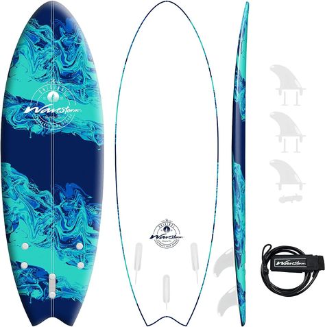 The wavestorm 5'6 dimensions are Height: 5’6” / 1676mm Width: 21” / 533mm Thickness: 2.75” / 42mm Volume: 42L Weight: 4.8lbs / 2.1kgs Superior Grade EPS Core (Expanded Polystyrene) core with 3x epoxy set marine-ply stringers HDPE (High Density Polyethylene) High Impact Bottom Patented u.v. inhibiting soft graphic deck and high density slick bottom for rigidity. Three fin set included is a triple performance 4.5 fin set up for more maneuverability Wavestorm Swivel PE leash with rail saver Black Surfboard, Best Surfboards, Inflatable Sup Board, Soft Graphic, Board For Kids, Coffee Accessories, Blue Marble, Self Service, Wakeboarding