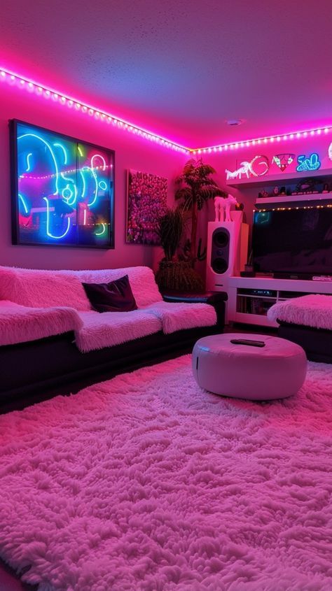 Filming Room Aesthetic, Hang Out Room Aesthetic, Couples Living Room Ideas, Chill Apartment Aesthetic, Trippy House Aesthetic, Girly Home Aesthetic, Girly Basement Ideas, Led Aesthetic Wallpaper, Aesthetic Room Lighting