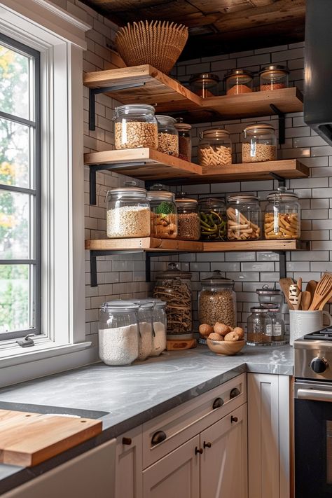 Find inspiration for your farmhouse kitchen with 40 floating shelf ideas that blend style and practicality with rustic flair. #KitchenInspirations #FarmhouseKitchen #FloatingShelves Open Shelving For Kitchen, Kitchen Rustic Farmhouse, Floating Shelves Kitchen Ideas, Farmhouse Kitchen Floating Shelves, Cabin Kitchens Rustic, Kitchen With Floating Shelves, Shelf In Kitchen, Kitchen Floating Shelf, Rustic Shelves Kitchen