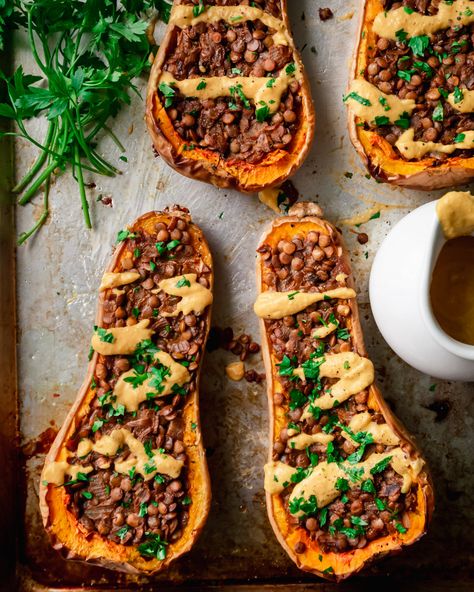 Stuffed Butternut Squash, Rainbow Plant Life, Stuffed Butternut, Baked Squash, Butternut Squash Recipes, Roasted Squash, Meat Substitutes, Winter Dinner, Vegan Thanksgiving