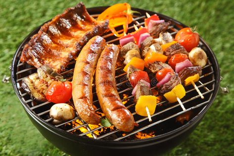 Assorted grilled meat on a summer barbecue. With sausages, spicy ribs and beef k , #Ad, #barbecue, #sausages, #spicy, #summer, #Assorted #ad Kabob Grill, Apple Sticks, Skewer Sticks, Grilling Kabobs, Kebabs On The Grill, Portable Charcoal Grill, Rotisserie Grill, Ceramic Grill, Grilled Food