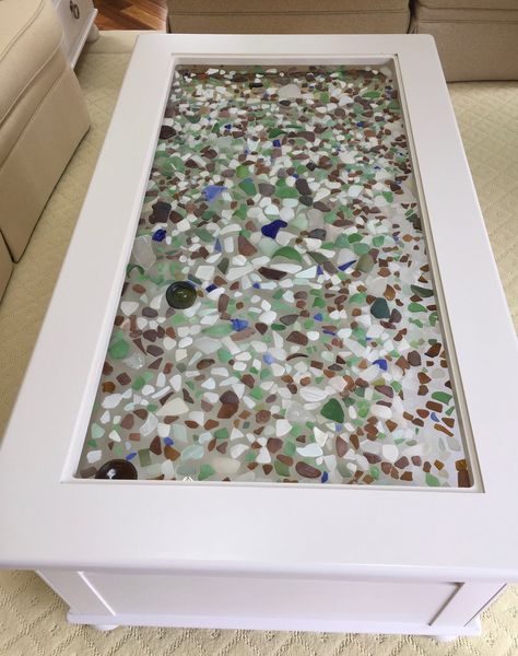 Beach Glass Display Ideas, Sea Glass Table Top, Sea Glass Table, Sea Glass Display, Shelf In The Kitchen, Crate Bookcase, Shadow Box Coffee Table, Sea Glass Decor, Sea Glass Art Projects