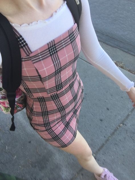 Pink white black plaid/gingham dress outfit with pink rose fila disruptors Pink Plaid Dress Outfit, Pink Plaid Outfit, Plaid Pink Dress, Pink And White Plaid Dress, Barbie Pink Plaid Dress, Gingham Dress Outfit, Plaid Dress Outfit, Pink Plaid Skirt Outfit Grunge, Pink Plaid Dress