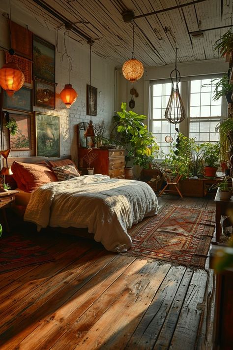 Triangular Bedroom Layout, Bedroom With Window Wall, Low Bedroom Ideas, Queer Apartment Decor, Vintage Master Bedrooms, Apothecary Decor Bedroom, Eclectic Bedroom Decor Ideas, 70s Eclectic Bedroom, Cozy 70s Bedroom