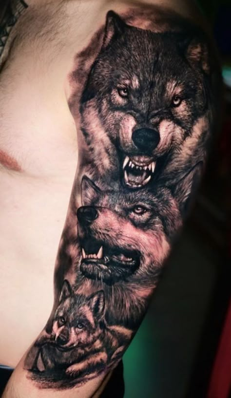 Wolves Family Tattoo, Wolf Family Tattoos For Men, Wolf Family Tattoo, Family Wolf Pack Tattoo, Men’s Wolf Tattoo, Wolf With Skull, Half Sleeve Tattoos Wolf, Wolf Head Tattoo, Wolf Forrest Tattoo Sleeve