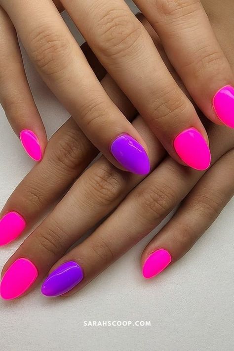 Bright Pink And Purple Nails, Neon Pink Purple Nails, Neon Pink And Purple Nails, Hot Pink And Purple Nails, Pink And Purple Nails, Neon Purple Nails, Purple And Pink Nails, Cute Nail Colors, Lilac Nails