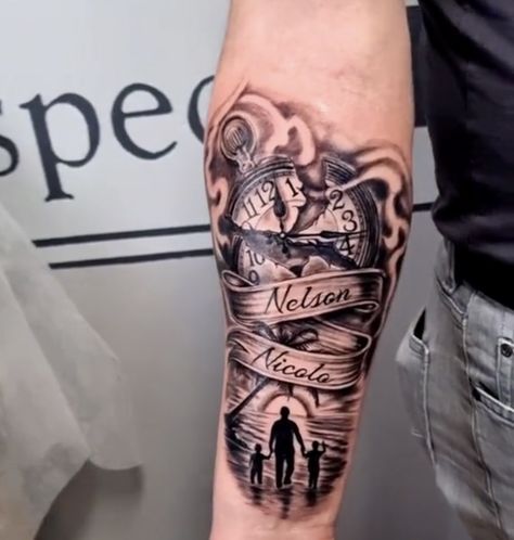 Children Name Tattoo Ideas For Men, Child Name Tattoo Ideas For Men, Child Name Tattoo, Child Name Tattoo Ideas, Name Tattoo Ideas, Tattoos With Kids Names, Men Tattoo, Tattoo Ideas For Men, Family Tattoos