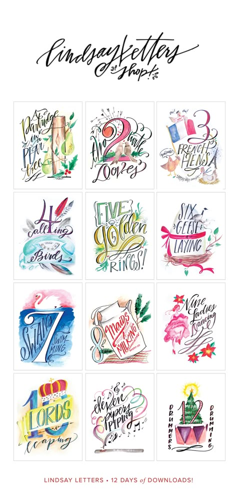 Lindsay Letters 12 Days of Christmas Printables! 12 Days Of Christmas Printables, Lindsay Letters, 12 Days Of Xmas, Twelve Days Of Christmas, Christmas Drawing, Calligraphy Lettering, Holiday Art, 12 Days Of Christmas, Christmas Images