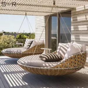 Outdoor Rattan Furniture, Circle Bed, Hanging Daybed, Halloween Patio, Daybed Canopy, Rattan Daybed, Hanging Rattan, Hanging Chairs, Rattan Lounge Chair