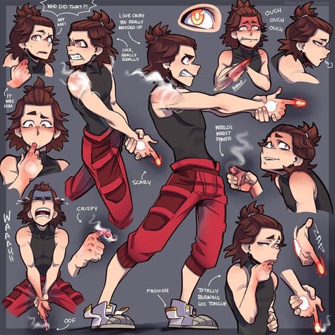 Trashsona Oc, Front And Back Body Reference, Hero Pose Drawing, Firebender Poses, Mha Concept Art, Mentor And Student Pose Reference, Fire Based Character Design, Using Powers Reference Pose, Energetic Character Design