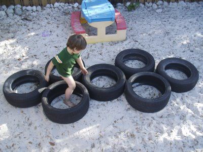 Recycled Tire Playground | We made a traditional obstacle course... Tire Stairs Outdoor, Colour Run Obstacle Course, Tire Playground, Relay Ideas, Recycled Tires, Kids Obstacle Course, Gross Motor Activity, Driving Home, Tyres Recycle