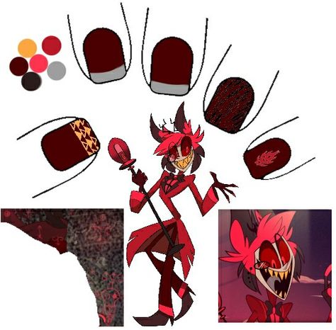 Simple Hazbin Hotel Alastor Concept Nail Art Alastor Nail Art, Alastor Inspired Nails, Alastor Hazbin Hotel Nail Art, Alastor Nails, Hazbin Hotel Inspired Nails, Hazbin Hotel Inspired Outfits, Hazbin Hotel Nails, Hazbin Hotel Earrings, Edgy Nail Art