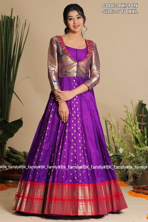 Sari One Piece Dress, Long Frocks With Coat Model, Lehanga Designs From Saree, Pattu Anarkali Dress Designs, Paithani Saree Dress Design Ideas, Saree Transformation To Dress, Paithani Long Frocks, Kathpadar Saree Dress Design, Paithani Saree Dress Recycle