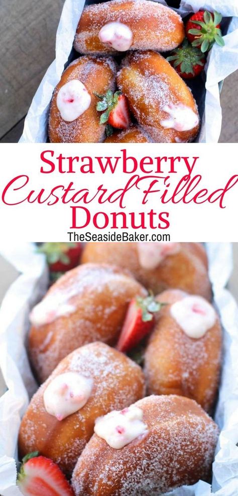 Strawberry Custard, Homemade Donuts Recipe, Strawberry Donuts, Filled Donuts, Custard Filling, Homemade Donuts, Doughnut Recipe, Delicious Donuts, Baked Donuts