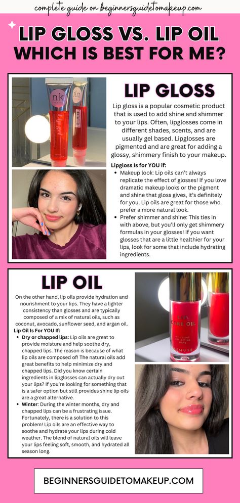 Lip gloss vs. lip oil: Have you ever wondered what the difference is?! These two may appear similar, but they are actually quite different. This year, lip gloss and lip oils have been trending on every corner of the internet. Both products are used to add shine to your lips, but they have different benefits, textures, and finishes. In this guide, you’ll learn the differences between lipglosses and oils to decide which is right for YOU! #lipgloss #lipoil Lip Oil And Gloss, How To Make A Lip Oil, How To Apply Lip Gloss, Vs Lip Gloss, Lip Products Collection, Lip Gloss Tips, How To Make Lip Oil, How To Make Lip Gloss, Lipgloss Photography