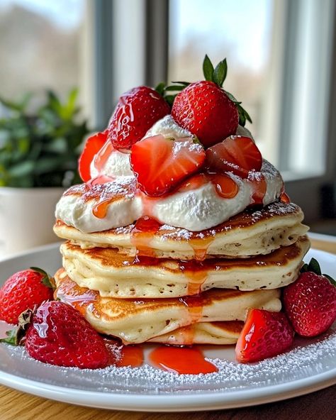 Strawberry Shortcake Pancakes 🍓🥞🍰 Start your morning with these delightful, fluffy pancakes inspired by the classic strawberry shortcake! Each bite is filled with juicy strawberries, whipped cream, and a sweet pancake base that will make your breakfast feel like a dessert! Ingredients: 1 ½ cups all-purpose flour 2 tbsp sugar 2 tsp baking powder ½ tsp baking soda ¼ tsp salt 1 large egg 1 cup buttermilk ½ cup milk ¼ cup melted butter 1 tsp vanilla extract 1 ½ cups diced fresh strawberries Whi... Valentines Day Pancakes, Breakfast Esthetic, Strawberry Whipped Cream Dessert, Strawberry Vanilla Pancakes, Pancake Whipped Cream, Strawberries And Cream Pancakes, Pancake Aesthetic, Breakfast Pancakes Aesthetic, Pancakes Photography