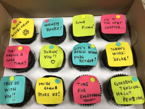 Retirement Party Cupcakes, New Job Cupcakes, New Job Cake Ideas, Retirement Cupcake Ideas, Farewell Cupcakes, Retirement Cake Sayings, Retirement Cupcakes, Cake Sayings, Cakes In A Cup