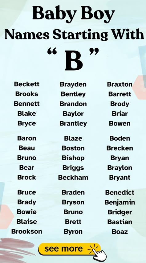 Explore the best baby boy names starting with B. Unique and meaningful options await.

#BabyNames  #BNames B Boy Names, Boy B Names, Best Baby Boy Names, Baby Gender Predictor, Names Starting With C, Cool Baby Boy Names, Male Names, Baby Name Generator, Fantasy Character Names