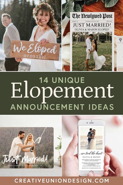 Congratulations on your wedding elopement! Whether your elopement was a sudden, secretive destination event or a small gathering of your friends and family … it’s time to spread the news. We put together our favorite elopement announcements. Choose from printed announcement cards or text/email options. If you are planning an elopement photo shoot, purchase a wood “We Eloped” photo prop to show off in your photos! We Eloped Photoshoot, Wedding Elopement Announcement, We Eloped Sign Cute Ideas, We Eloped Announcement Cards, We're Eloping Announcement, Elopement Announcement With Registry, Wedding Reception After Eloping, Elopement Set Up Ideas, Diy Elopement Decor