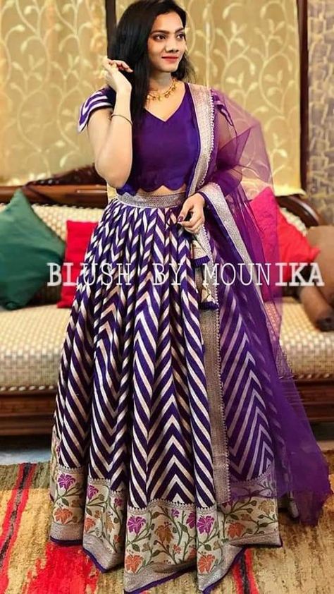 Pochampally Half Sarees, Lehenga Saree Design, Half Saree Lehenga, Best Blouse Designs, Long Gown Design, Lehenga Designs Simple, Lehenga Blouse Designs, Cutwork Blouse Designs, Crop Top Designs