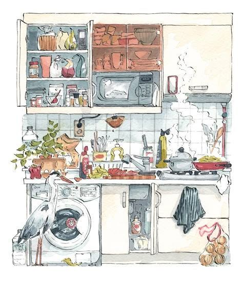 Kitchen Illustration Art, Cozy Drawing, Cook Illustration, Illustration Fairytale, Cooking Illustration, Korean Apartment, Cluttered Kitchen, Kitchen Illustration, Korean Illustration