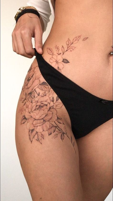 Water Lily Tattoo Thigh, Hip Line Tattoos Women, Hip Tattoos Women Big, Girly Leg Tattoos, Hip Tattoo Placement, Cute Thigh Tattoos Women, Badass Tattoos For Women, Flower Tattoo Thigh, Tattoo On Hip