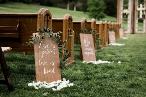 Love is patient, Love is kind - awesome wedding aisle signs. Cassie Wedding, Wedding Church Aisle, Family Style Weddings, Pew Markers, Wedding Isles, Wedding Ceremony Ideas, Theme Vintage, December 2nd, Wedding Aisle Decorations