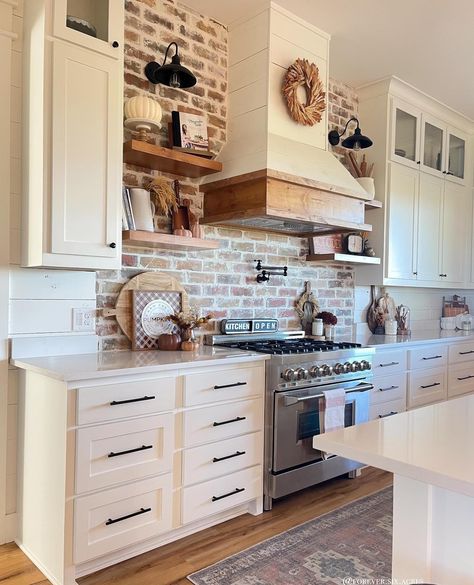 Painted brick backsplash