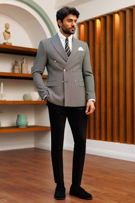 Add some pattern to your wardrobe with our grey plaid double-breasted blazer. The peak lapels and double vent create a sleek and modern design that is perfect for any formal event. Exuding an air of sophistication that speaks volumes about your discerning taste and unwavering commitment to impeccable style. #blazer #doublebreasted #greystriped #formalattire #formaloutfit #mensstyle #stylish #outfitinspo #fashioninspo #menfashion Grey Double Breasted Blazer Men, Grey Suit Jacket Outfit Men, Formal Blazer Outfits Men, Grey Blazer Outfit Men, Formal Blazer Outfits, Double Breasted Blazer Men, Mens Suits Style Modern, Grey Suite, Men Suit Outfit