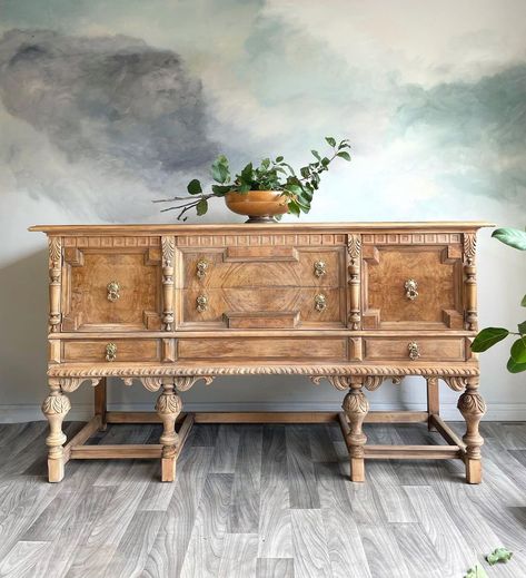 Refinished Jacobean Buffet, French Country Buffet Table, Jacobean Buffet Makeover, Antique Buffet Makeover, Antique Buffet Table, Boho Buffet, Transformation Furniture, Jacobean Furniture, Wood Dressers Makeover