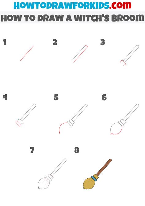 Halloween Brooms, Number Drawing, Witch Drawing, Drawing Tutorials For Kids, Witch Broom, Coloring Supplies, Drawing Tutorial Easy, Pencil And Paper, Drawing Practice