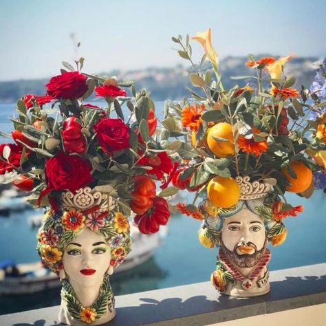 Sicilian Pottery, Sicilian Decor, Sicilian Wedding, Sicily Wedding, Italian Party, Mediterranean Wedding, Keramik Design, White Lotus, Head Vase