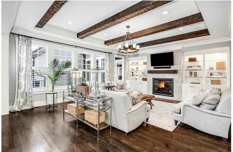 Living Room Beams Low Ceiling, Wood Beams On Ceiling Living Room Rustic, White And Brown Wood Living Room, Wooden Beam Living Room, Family Room With Wood Beams, Dark Wood Beams On Ceiling Living Room, Dark Walnut Ceiling Beams, Dark Ceiling Beams Living Room, Dark Beams White Ceiling