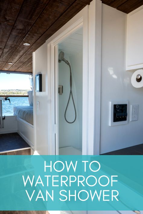 Want a van conversion with a bathroom? Learn how to waterproof your shower in this step-by-step blog post. Camper Van Bathroom Ideas, Campervan Bathroom Ideas, Step Van Conversion Campers, Camper Van Shower Ideas, Van Conversion With Bathroom, Van Life Bathroom, Van Bathroom, Van Conversion Shower Ideas, Campervan Shower Ideas