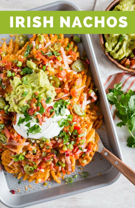 Irish Nachos, Tortilla Chip Recipe, Baked Tortilla Chips, Nachos Recipe Easy, Irish Cuisine, Homemade Tortilla Chips, Loaded Nachos, Waffle Fries, St Patricks Day Food