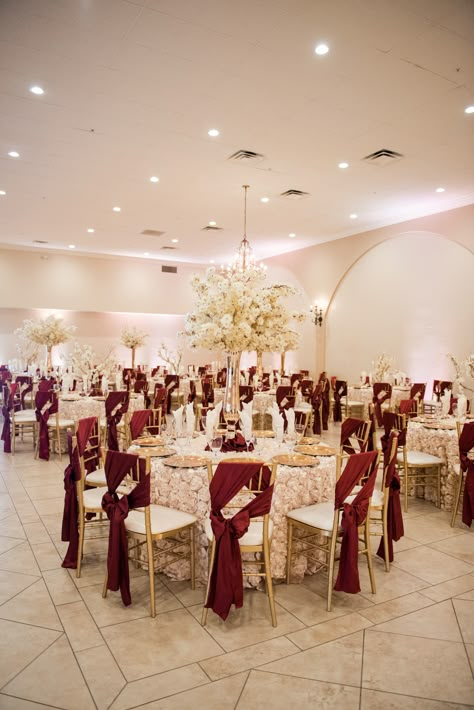 Burgundy And Gold Dresses, Red Gold Debut Theme, Maroon And Cream Wedding Theme, Red And White Wedding Venues, Burgundy Xv Decoration, Red And Gold Sweets Table, Red Venue Decor, Burgundy Charro Quinceanera Theme, Burgundy Wedding Decorations Receptions