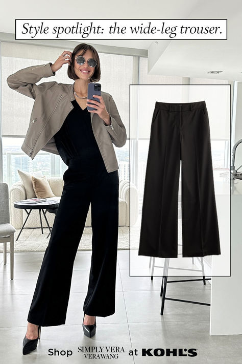 These high-rise, wide-leg trousers are a staple style you’ll reach for again and again when putting together chic outfits. Shop trousers, moto jackets and more from Simply Vera Vera Wang at Kohl’s and Kohls.com. Cheap Wide Leg Washed Black Pants, Black High Stretch Pants With Wide Waistband, Versatile Black Stretch Wide Leg Pants, Black Wide Leg Elastane Dress Pants, Chic Black Baggy Wide Leg Pants, Womens Biker Outfits, Vera Wang Clothes, French Minimalist Wardrobe, Paris Wardrobe