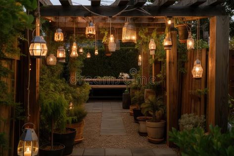 Pergola with hanging lanterns and potted plants for tranquil outdoor space royalty free stock photography Pergola Lanterns, Space Royalty, Dream Yard, Garden Lanterns, Plants Garden, Roof Top, Hanging Garden, Bar Top, Outdoor Lanterns