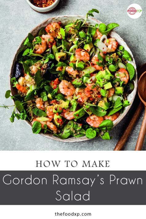 Are you looking for a healthy seafood salad? Here's Gordon Ramsay's Prawn Salad recipe for you. This salad is deliciously healthy and colorful. THEFOODXP blog has the wholesome recipe for you to try. #gordonramsayprawnsalad #gordonramsayprawnsaladrecipe #gordonramsayrecipes #prawnsalad #prawnsaladrecipe #prawnsaladhealthy Fancy Salad Recipes, Cooked Prawn Recipes, Prawn Salad Recipe Dinners, Prawn Salad Recipe, Fancy Salads, Spa Food, Prawn Salad, Prawn Recipes, Healthiest Seafood