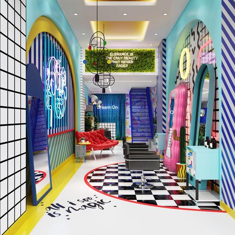 Memphis Milano Interior Design, The Memphis Group, Art Pop Interior Design, Colorful Store Display, Pop Art Room Ideas, Memphis Group Design, Pop Art Room Design, Interior Pop Design, Pop Art Decor Interior Design