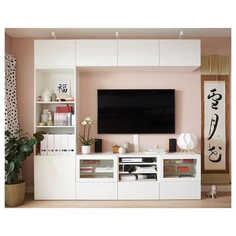 BESTÅ TV storage combination/glass doors - Lappviken, Sindvik white clear glass - IKEA Tv Wall Storage Ideas, Study Cupboard, Ikea Besta Tv Unit, Besta Tv, Besta Hack, Besta Ikea, Ikea Living Room, Living Room Tv Unit Designs, Living Room Tv Unit