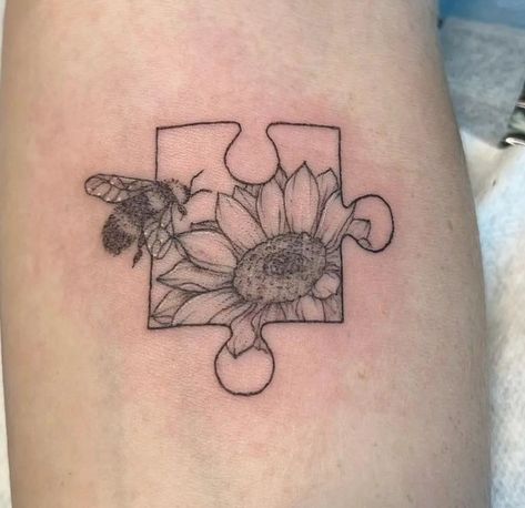 Cute Puzzle Piece Tattoo, Floral Puzzle Piece Tattoo, Flower Puzzle Tattoo, Puzzle Piece Tattoo With Flowers, Sunflower Puzzle Piece Tattoo, Puzzle Piece Flower Tattoo, The Dreamer Tattoo, Puzzle Heart Tattoo, Puzzle Tattoo Design