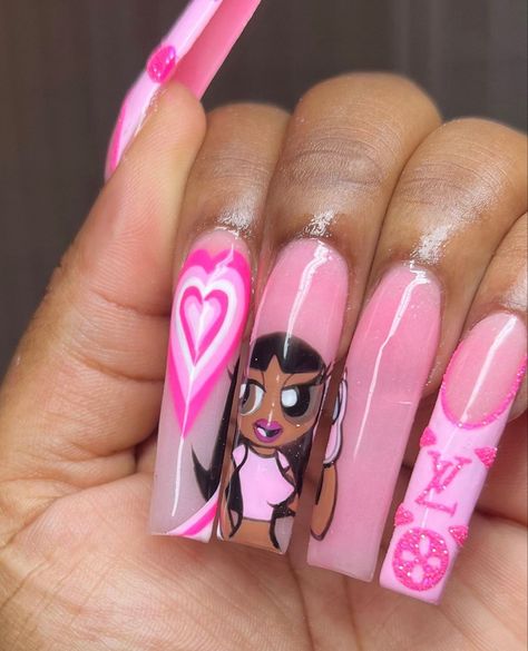 Baddie acrylic nails inspo Brown Cartoon Nails, Cartoon Acrylic Nail Designs, Bratz Nails Art, Pink Cartoon Nails, Bratz Nails Acrylic, Bratz Doll Nails, Bratz Inspired Nails, Bratz Nails Design, Barbie Acrylic Nails