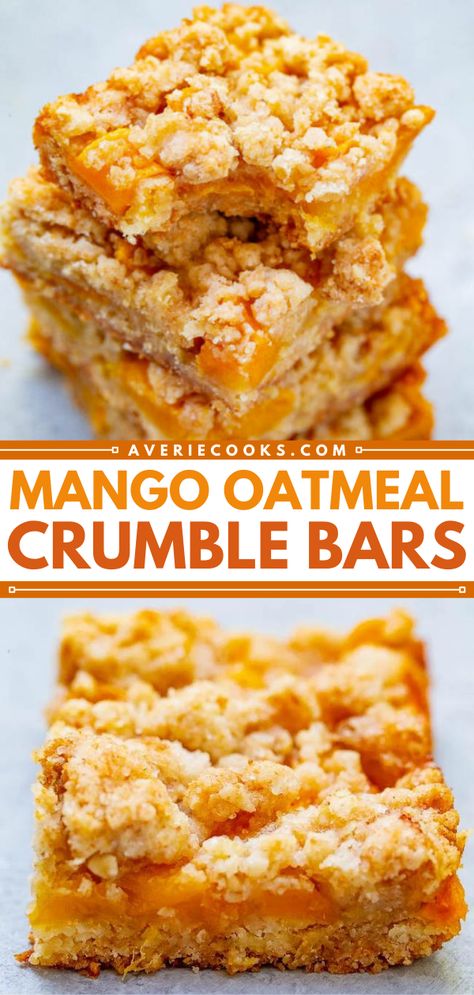 Mango Oatmeal Crumble Bars Mango Crumble Recipe, Peach Dessert Bars, Fresh Mango Recipes, Mango Crumble, Oatmeal Crumble Bars, Mango Oatmeal, Oatmeal Crumble Topping, Banana Crumble, Mango Bars