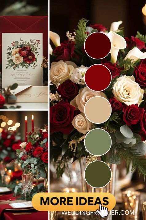 Red and green wedding theme ideas for a festive, vibrant celebration. Red And Eucalyptus Wedding, Deep Red Wedding Color Palette, Summer Red Wedding Colors, Red Wedding Colors Palette, Dark Green And Dark Red Wedding, Berry And Green Wedding, Red And Dark Green Wedding, Christmas Wedding Colors Palette, Fall Winter Wedding Colors