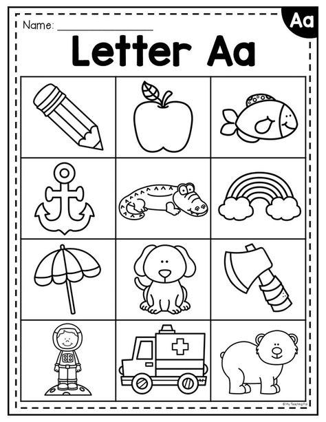 Letter a sound phonics worksheet for beginning sound practice. Letter A Phonics, Beginning Sound Worksheets, Preschool Weekly Lesson Plans, Phonics Worksheets Free, Beginning Sounds Worksheets, School Age Activities, Preschool Workbooks, Classroom Songs, Alphabet Worksheets Kindergarten